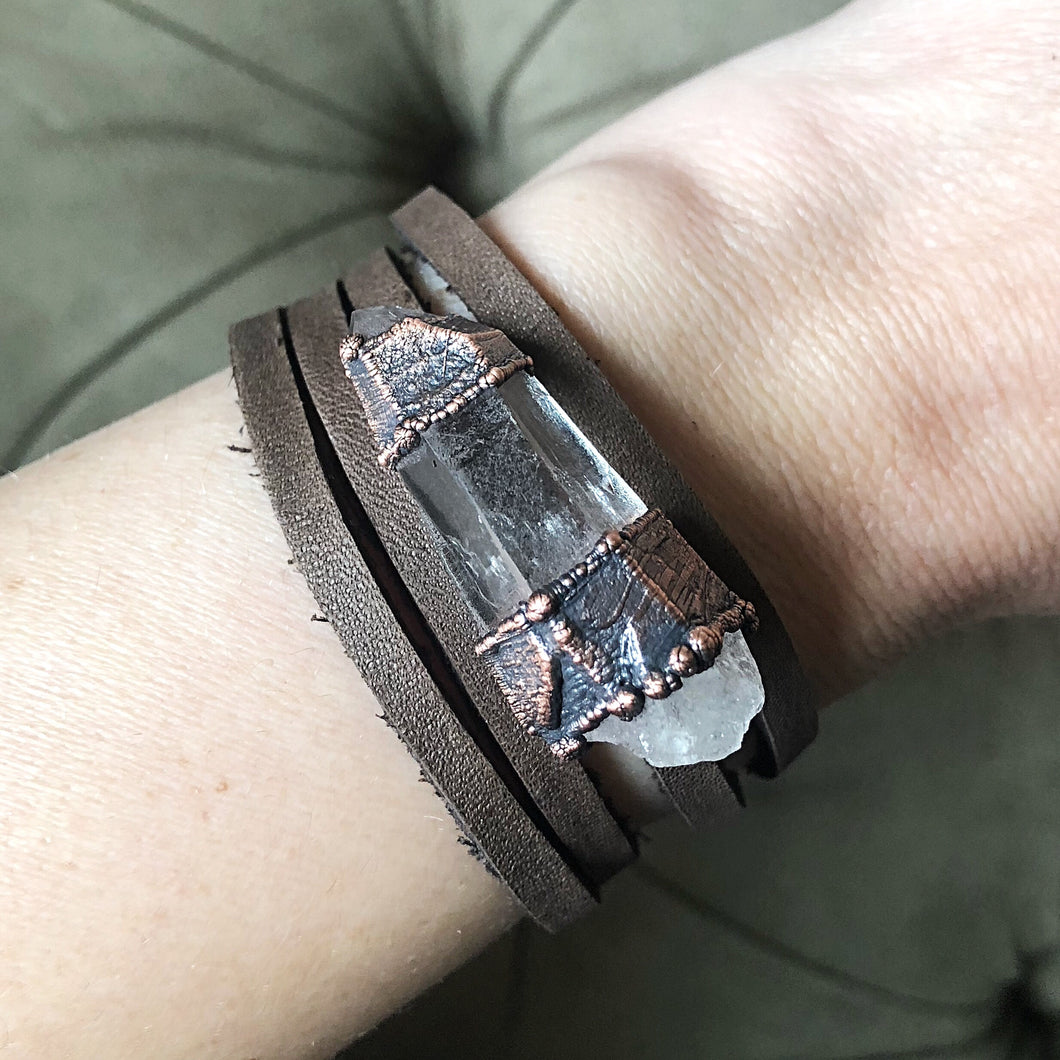 Raw Clear Quartz Point and Leather Wrap Bracelet/Choker - Ready to Ship