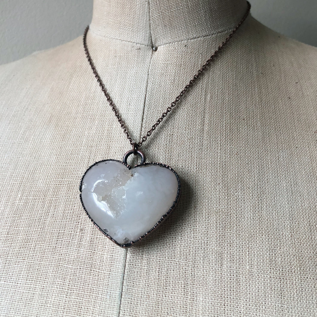 White Agate Druzy “Broken Open” Heart Necklace #1 - Ready to Ship