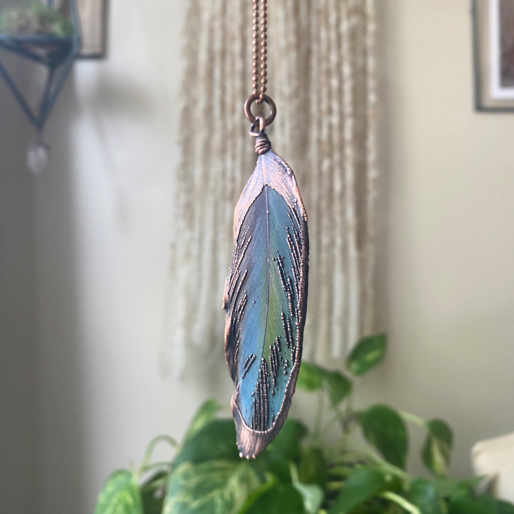 Electroformed Blue & Green Macaw Feather Necklace - Ready to Ship