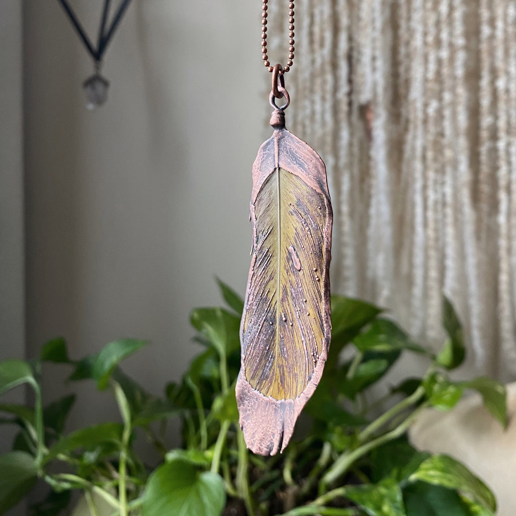 Electroformed Yellow Macaw Feather Necklace #4 - Ready to Ship