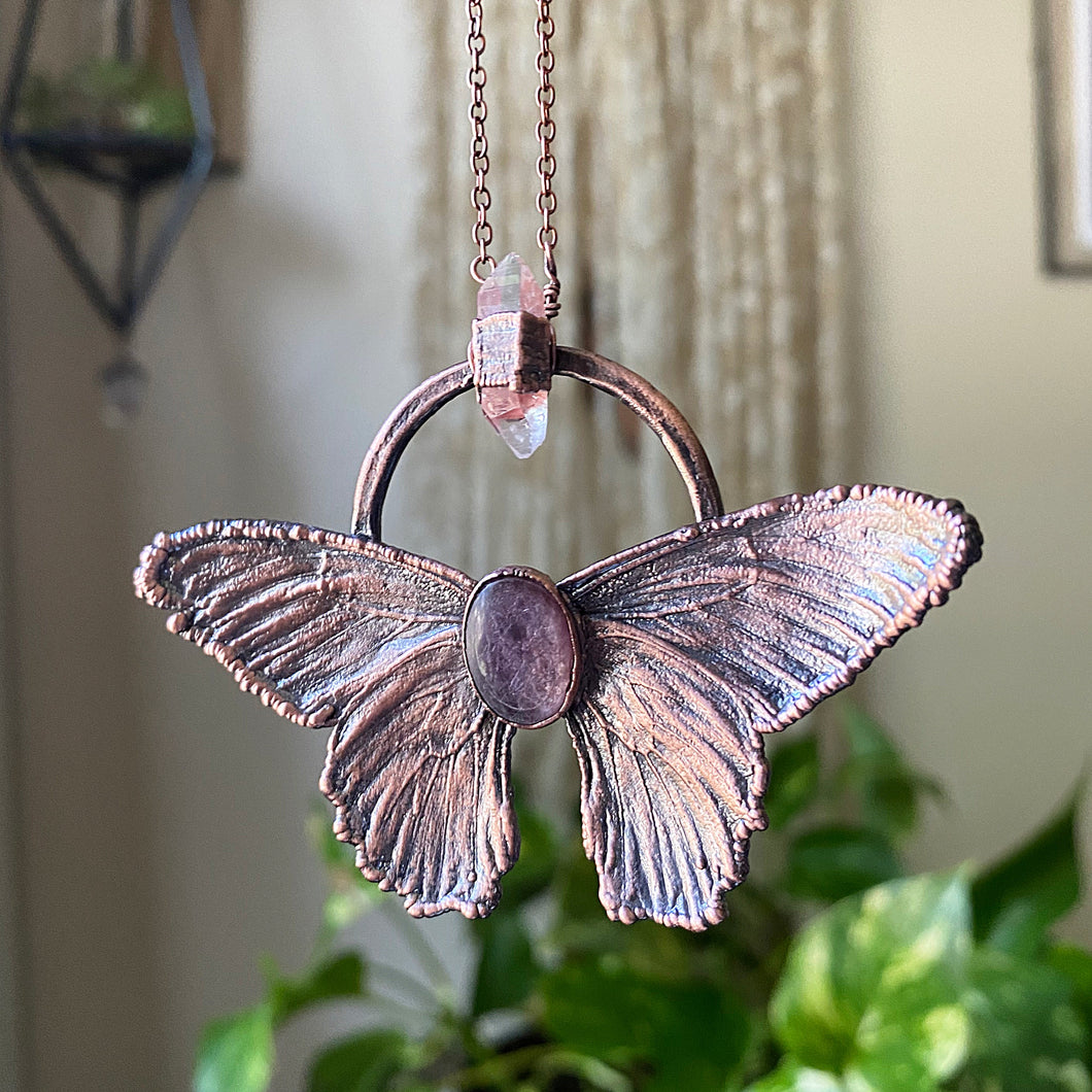 Electroformed Butterfly With Lepidolite & Clear Quartz Necklace - Ready to Ship
