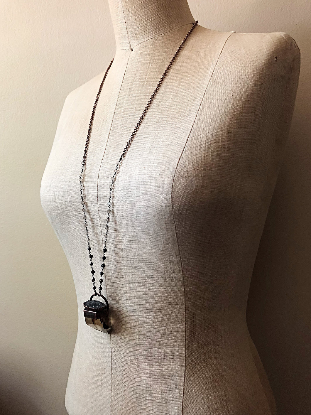 Smoky Quartz Point with Black Druzy Necklace - Ready to Ship (Flower Moon Collection)