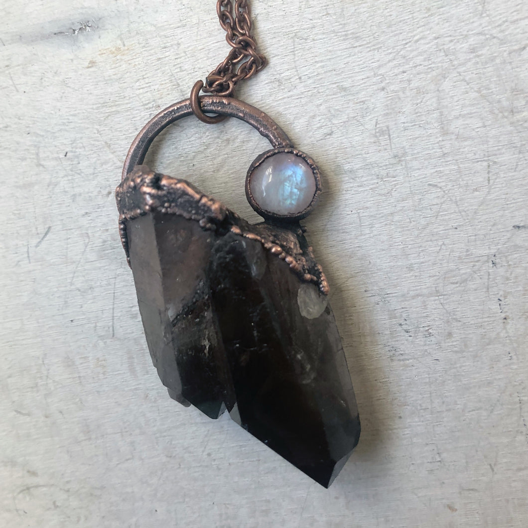 Smoky Quartz Cluster & Rainbow Moonstone Necklace #2 - Ready to Ship