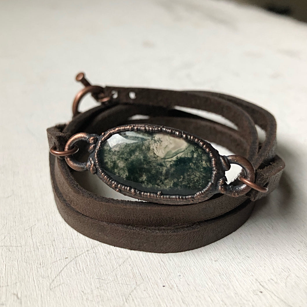Moss Agate and Leather Wrap Bracelet/Choker #1 - Ready to Ship