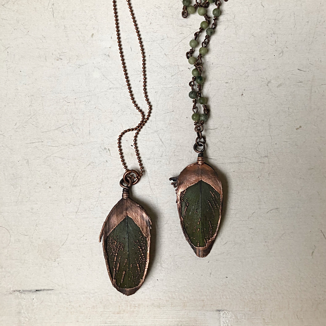 Electroformed Green Macaw Feather Necklace - Ready to Ship