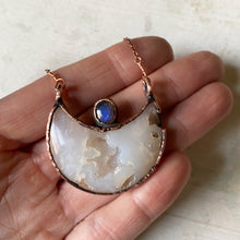 Load image into Gallery viewer, White Agate Druzy Crescent Moon &amp; Blue Labradorite Necklace - Ready to Ship
