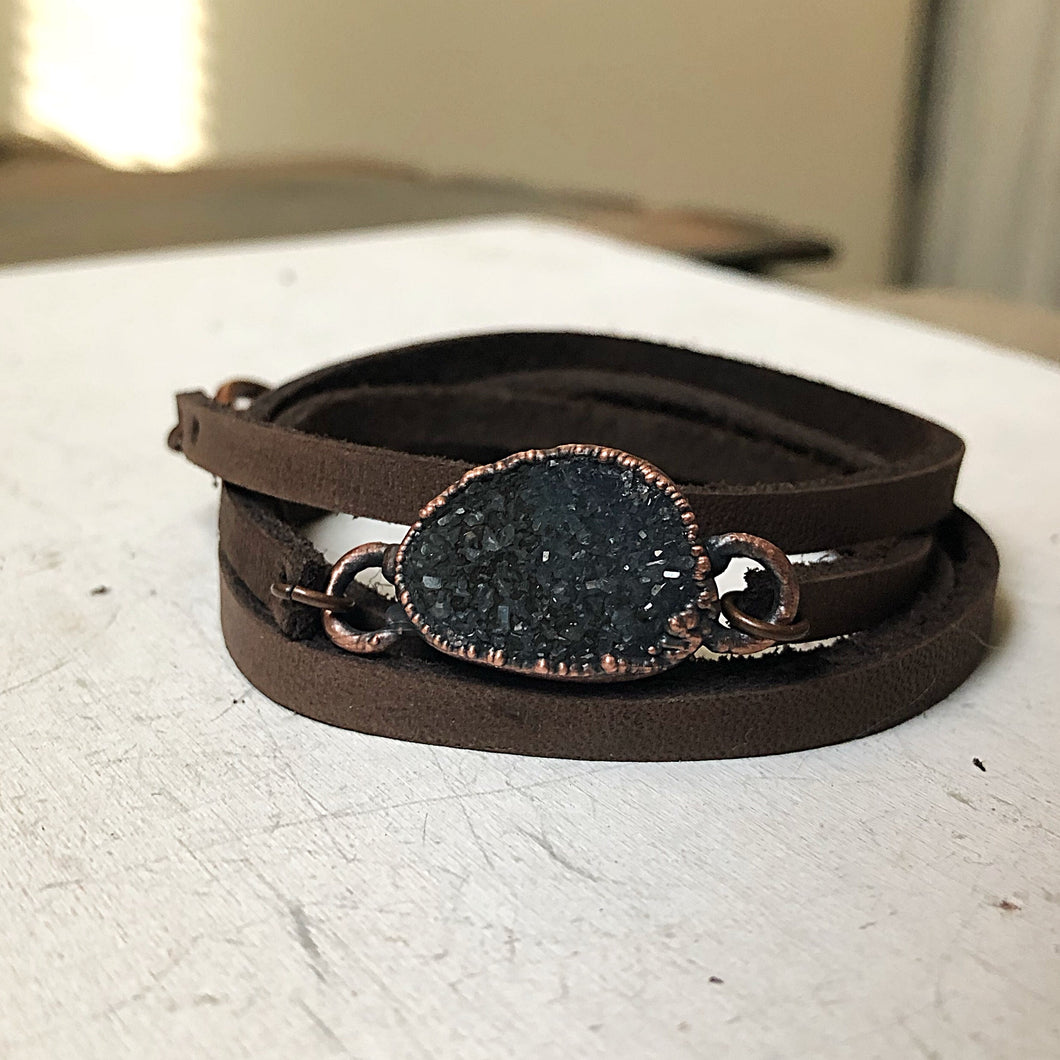 Charcoal Druzy and Leather Wrap Bracelet/Choker #2 - Ready to Ship