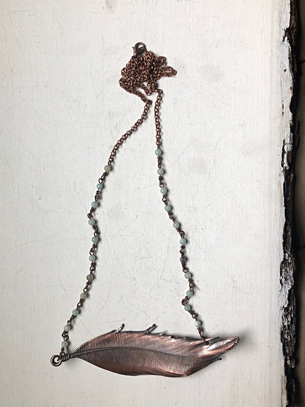 Electroformed Wild Feather Necklace with Amazonite Accent Chain (Horizontal Style) - Moksha Collection