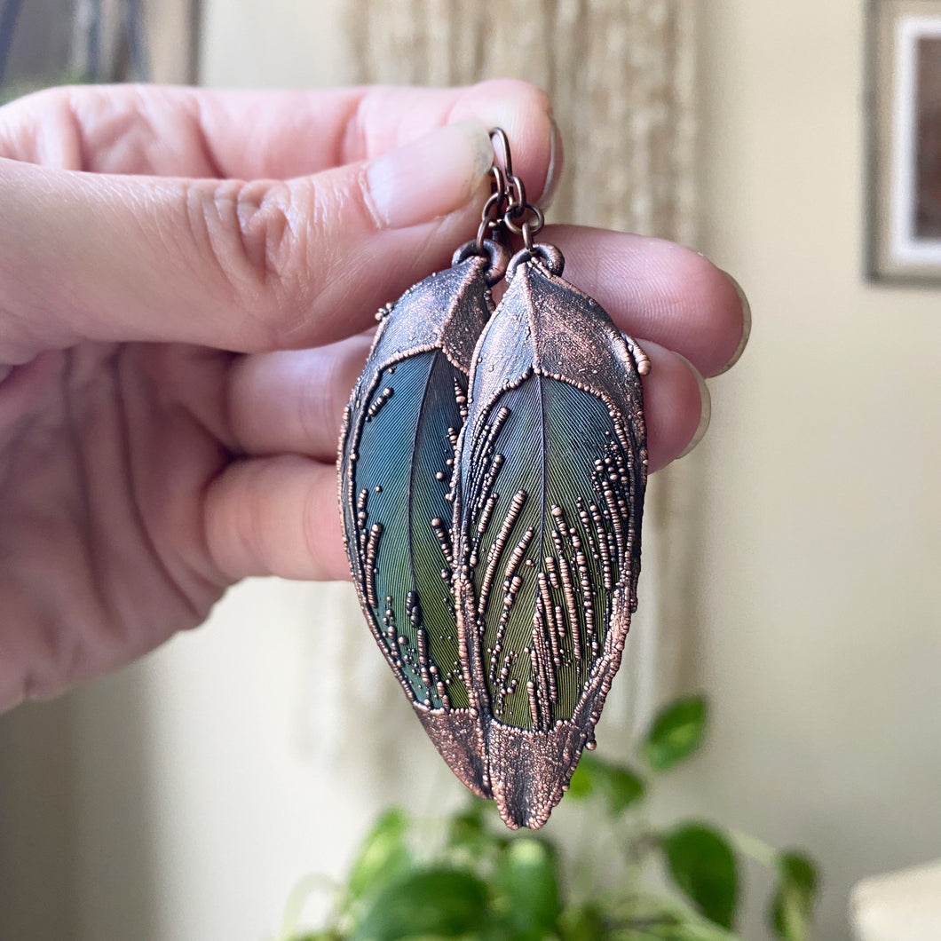 Electroformed Green Macaw Feather Earrings #2 - Ready to Ship