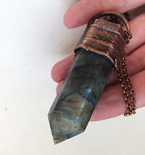 Load image into Gallery viewer, Feather Bezel Large Labradorite Point Necklace on Aged Copper Chain - Ready to Ship (5/17 Update)
