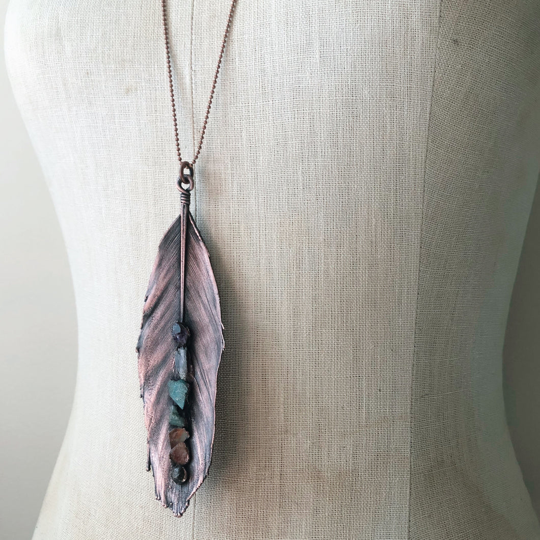 Electroformed Feather Necklace with Raw Chakra Stones #2 - Ready to Ship
