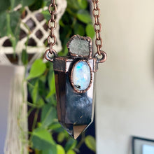 Load image into Gallery viewer, Smoky Quartz Polished Point with Raw Aquamarine &amp; Rainbow Moonstone Necklace - Ready to Ship
