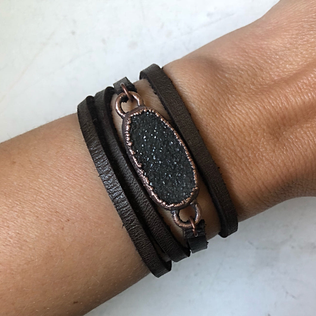 Charcoal Druzy and Leather Wrap Bracelet/Choker #1 (Ready to Ship) - Darkness Calling Collection