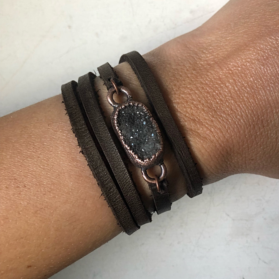 Charcoal Druzy and Leather Wrap Bracelet/Choker #2 (Ready to Ship) - Darkness Calling Collection