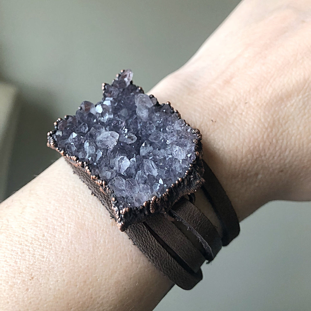Raw Amethyst Cluster and Leather Wrap Bracelet/Choker - Ready to Ship