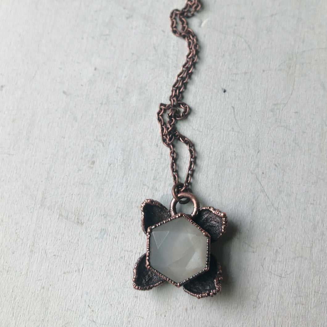 White Moonstone Hexagon and Hydrangea Necklace #1 - Ready to Ship