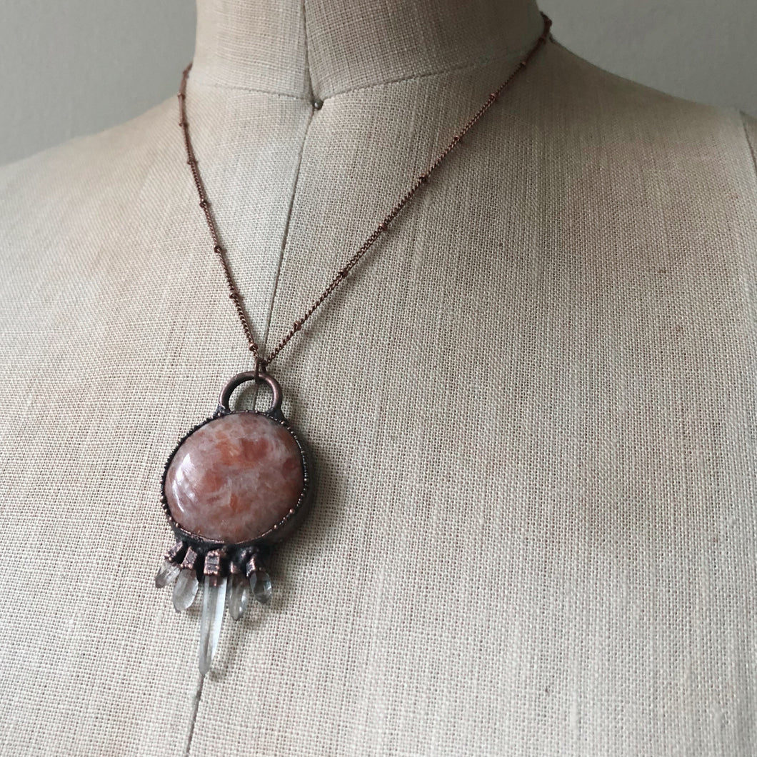 Round Sunstone & Clear Quartz Necklace - Ready to Ship