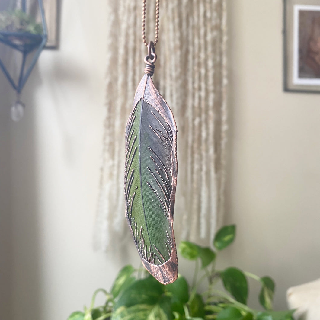 Electroformed Green Macaw Feather Necklace #2- Ready to Ship