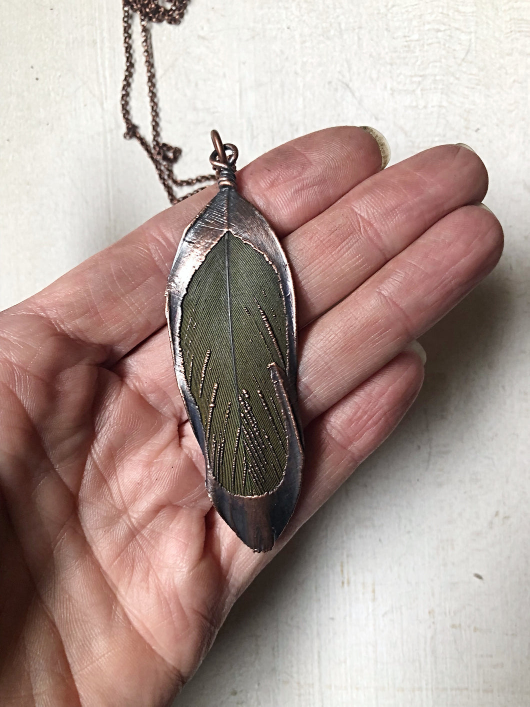 Electroformed Green Macaw Feather Necklace #3 - Ready to Ship