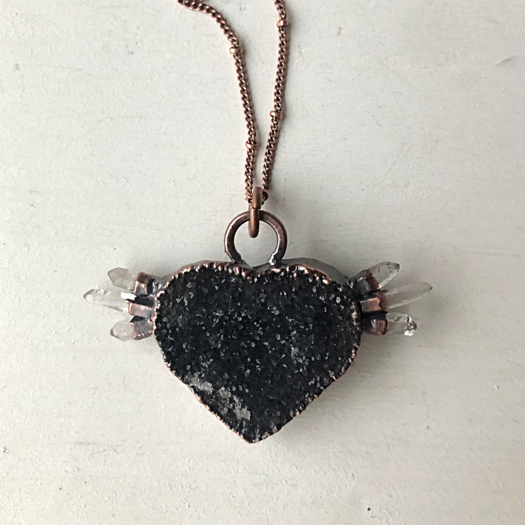 Dark Amethyst Druzy & Clear Quartz Point Tell Tale Heart Necklace #1