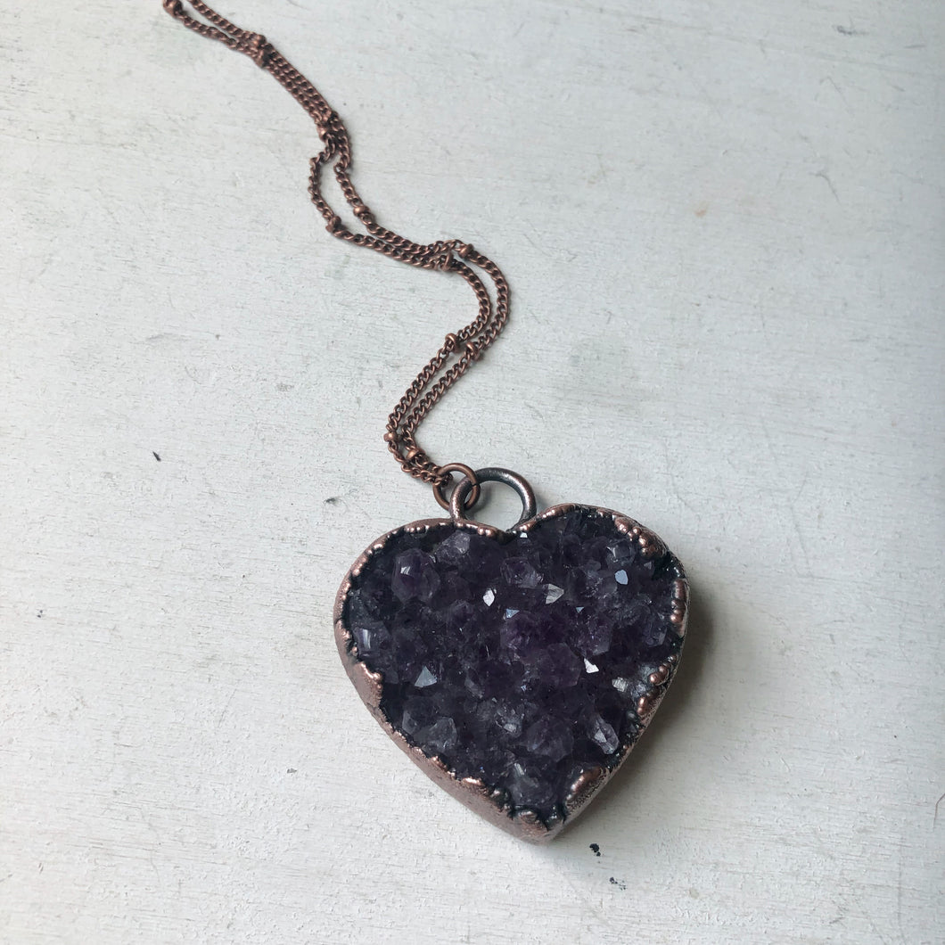 Dark Amethyst Druzy Heart Necklace #3 - Ready to Ship
