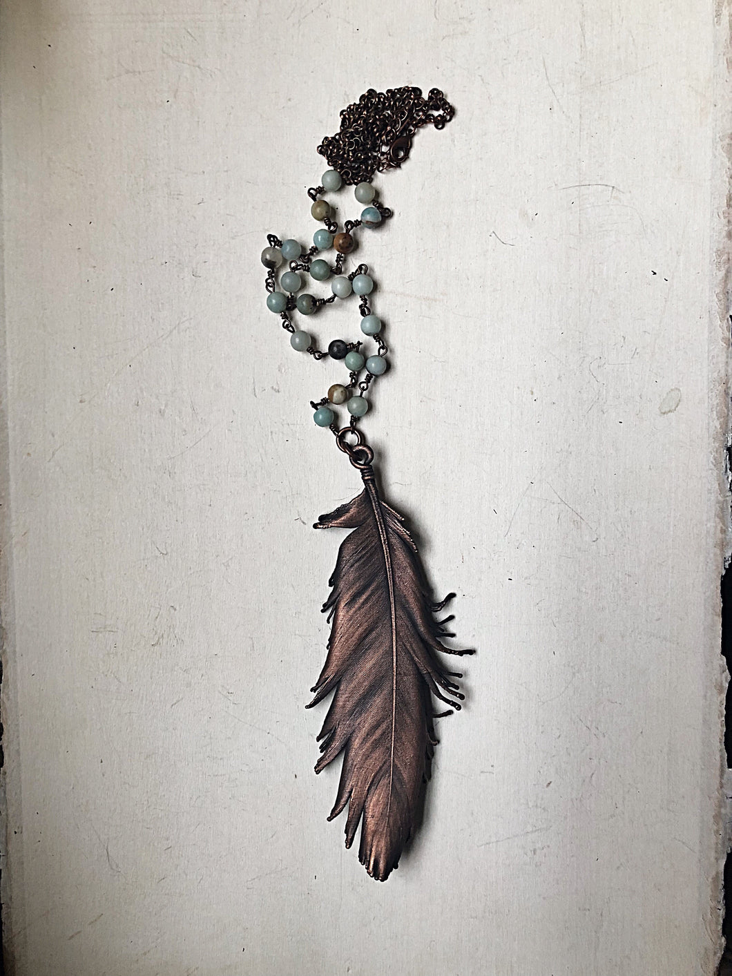 Large Electroformed Feather & Amazonite Necklace - Ready to Ship