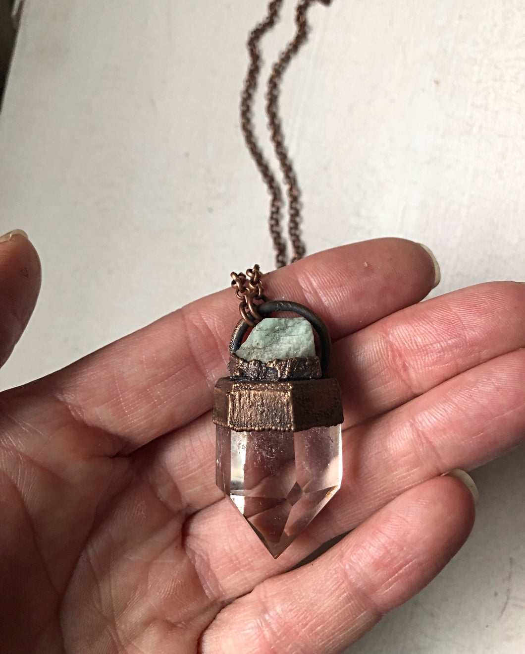 Polished Clear Quartz Point topped with Raw Amazonite Necklace  (Satya Collection)