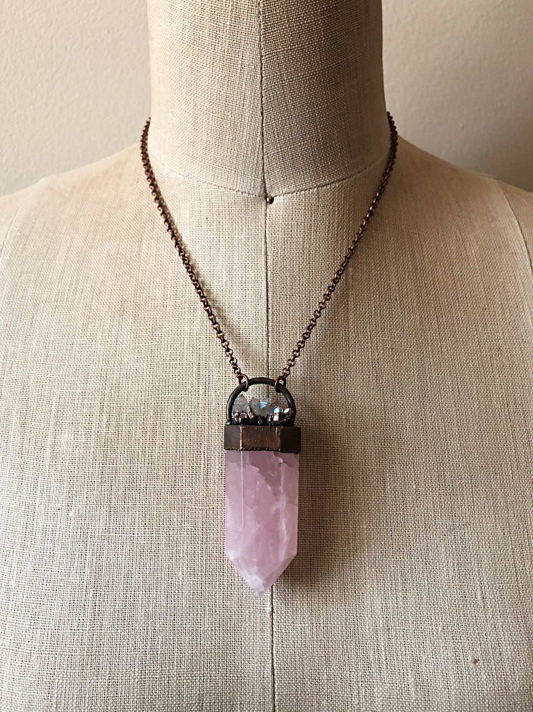 Rose Quartz Point with Angel Aura Cluster Short Necklace - Ready to Ship (Flower Moon Collection)