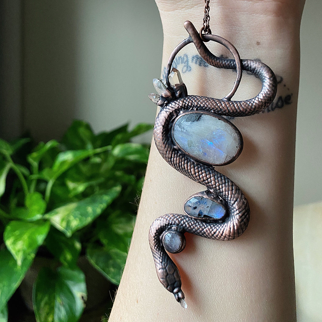 Electroformed Snake with Rainbow Moonstone & Raw Clear Quartz Necklace - Ready to Ship