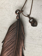 Load image into Gallery viewer, Electroformed Feather Necklace with Raw Garnet Charm (Super Blood Wolf Moon Collection)
