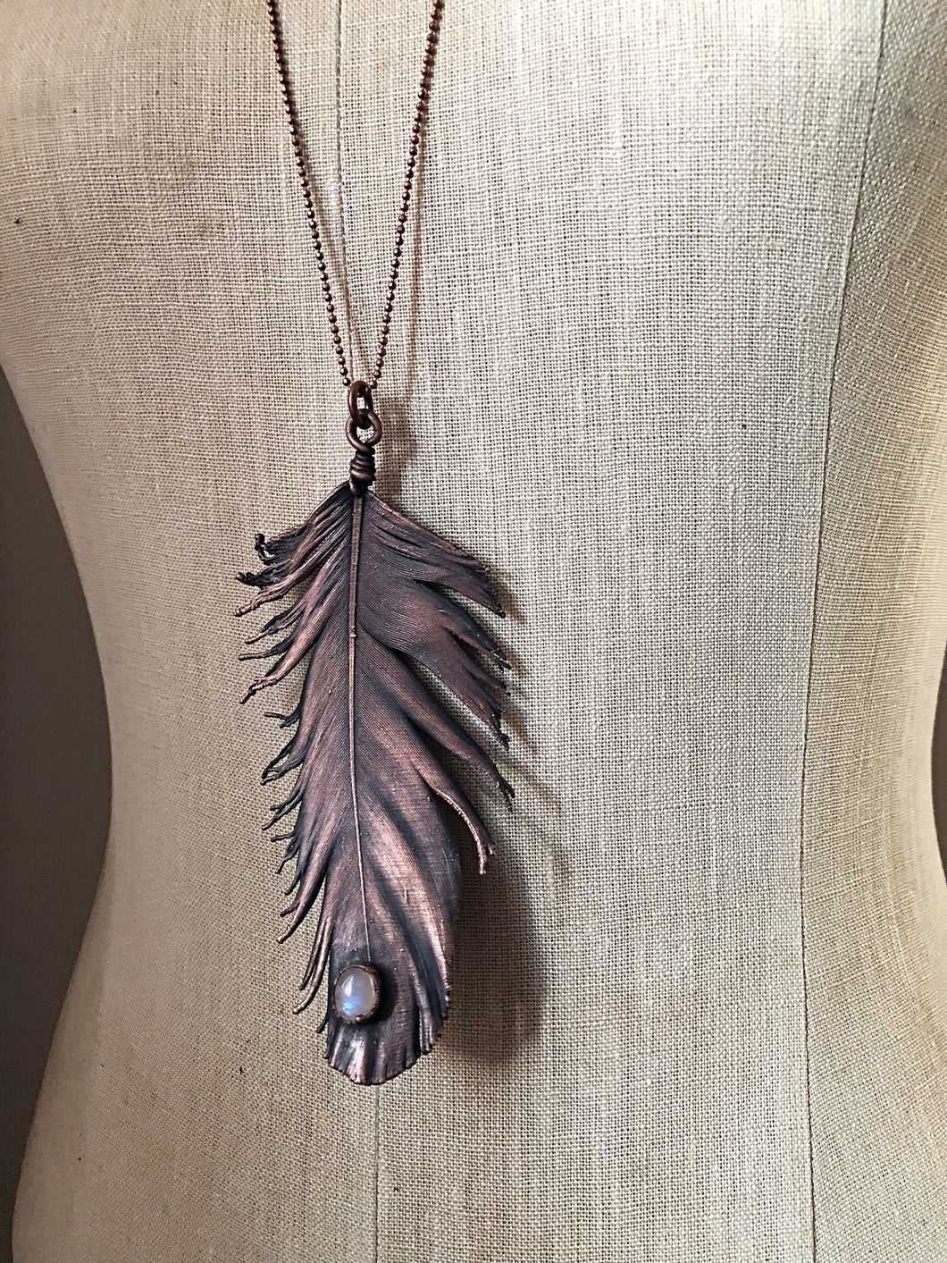 Electroformed Feather and Rainbow Moonstone Necklace