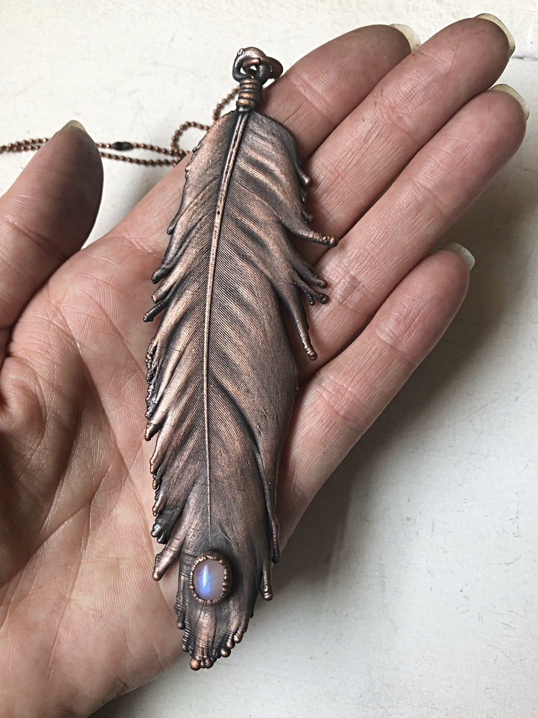 Electroformed Feather and Rainbow Moonstone Necklace #1 - Moksha Collection