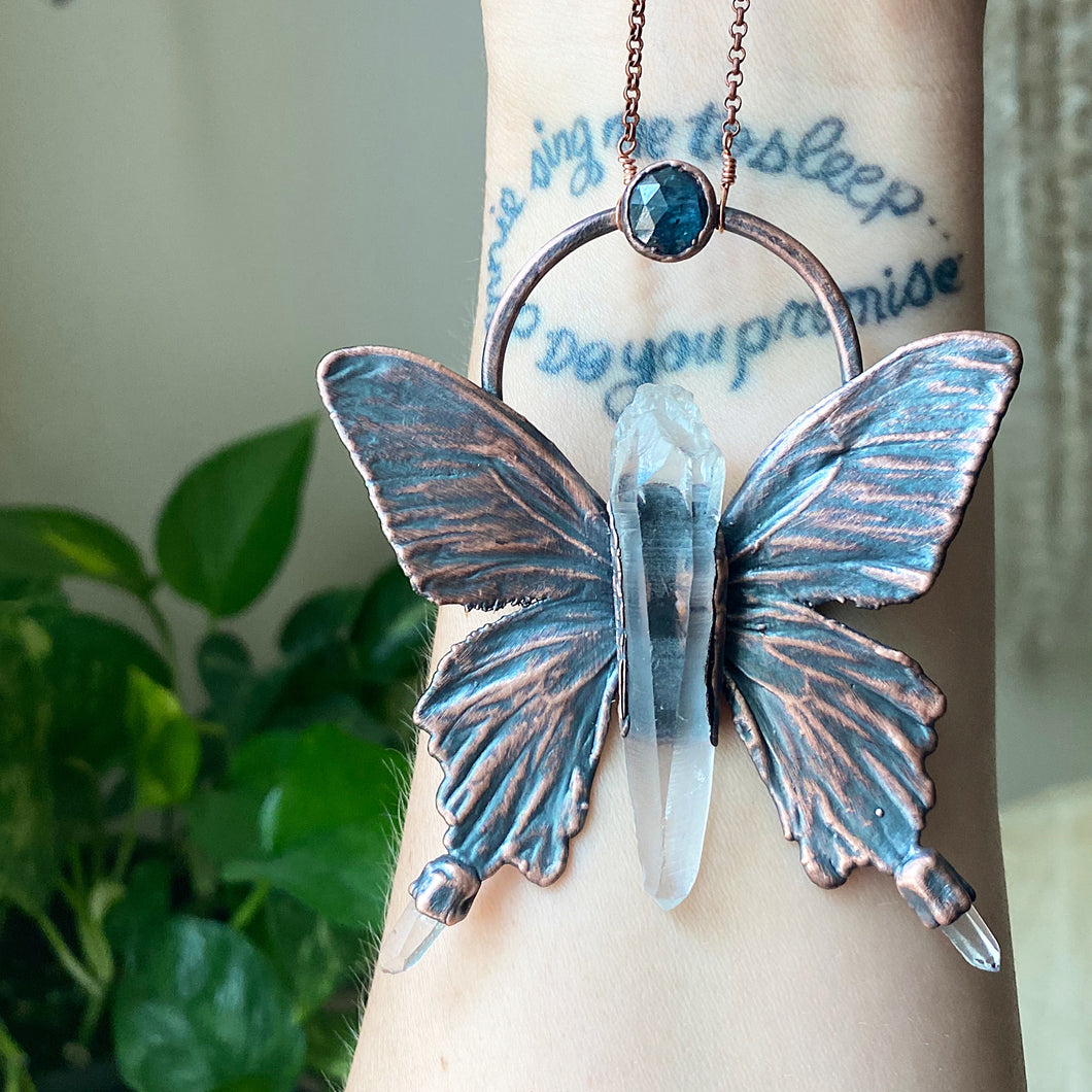 Electroformed Butterfly With Clear Quartz & Blue Kyanite Necklace - Ready to Ship