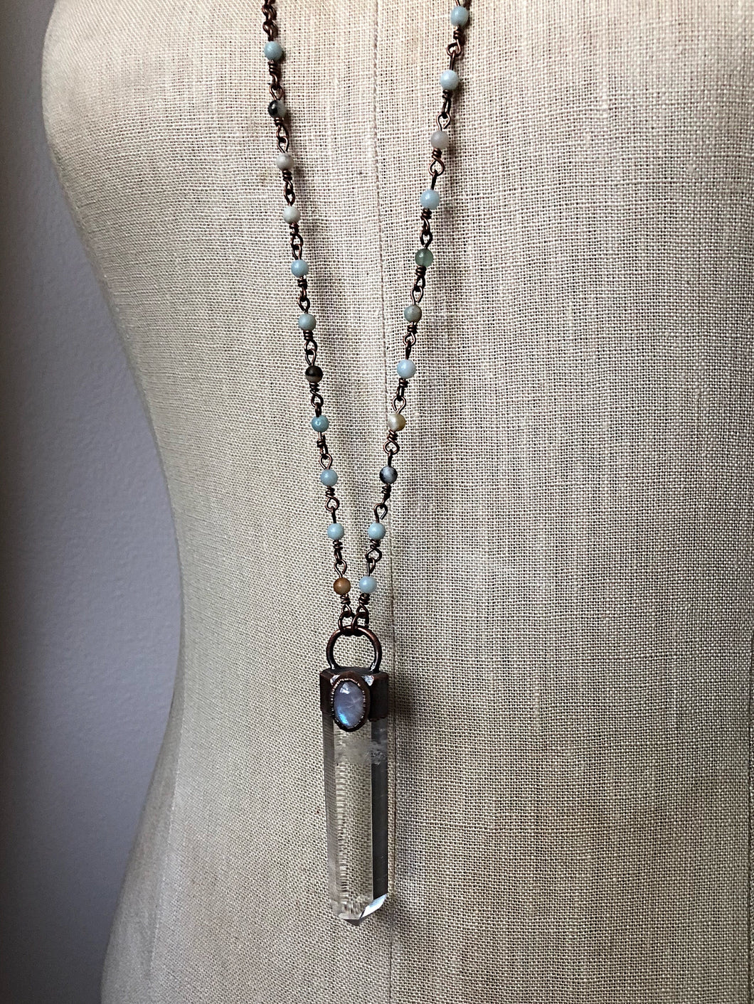 Clear Quartz Point with Rainbow Moonstone Necklace on Amazonite Accented Chain- Ready to Ship