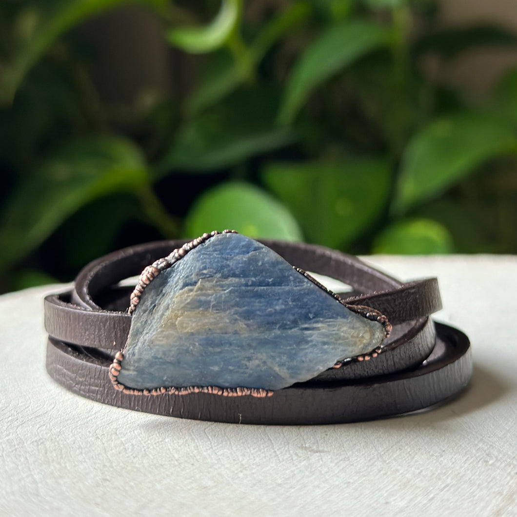 Raw Blue Kyanite and Leather Wrap Bracelet/Choker #2 - Ready to Ship