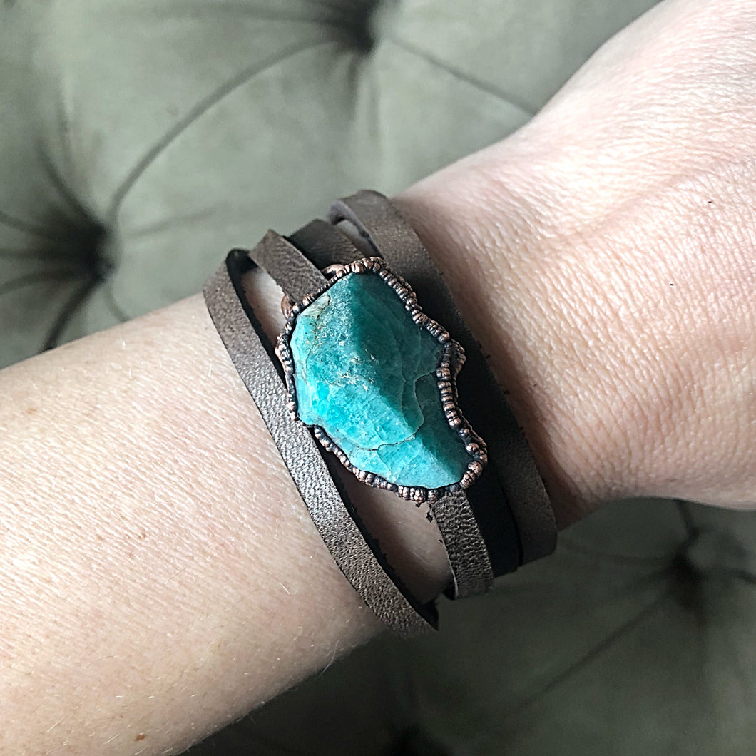 Raw Amazonite and Leather Wrap Bracelet/Choker - Ready to Ship