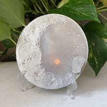 Load image into Gallery viewer, Large Silver Crescent Moon Scrying Mirror with Clear Quartz Cluster - Ready to Ship
