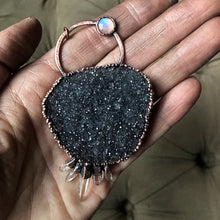Load image into Gallery viewer, Dark Gray Druzy, Rainbow Moonstone &amp; Clear Quartz Necklace #2 - Ready to Ship
