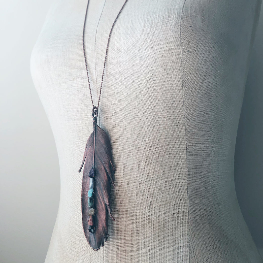 Electroformed Feather Necklace with Raw Chakra Stones #3 - Ready to Ship