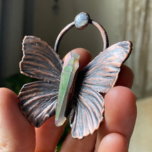 Load image into Gallery viewer, Electroformed Butterfly With Angel Aura Quartz &amp; Rainbow Moonstone Necklace - Ready to Ship
