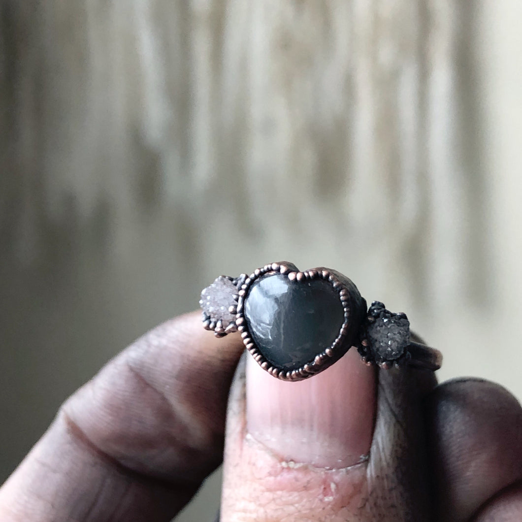 Grey Moonstone & Clear Quartz Druzy Ring - #2 (Size 7.75) - Ready to Ship