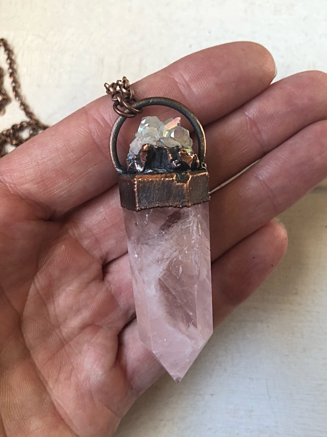 Rose Quartz and Angel Aura Cluster Long Necklace - Ready to Ship