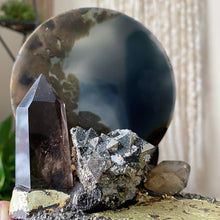 Load image into Gallery viewer, Pyrite, Smoky Quartz and Citrine Crescent Moon Scrying Mirror - Ready to Ship
