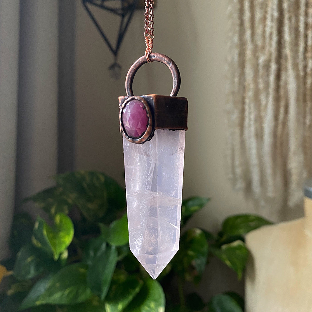 Rose Quartz Point with Pink Sapphire Necklace - Ready to Ship