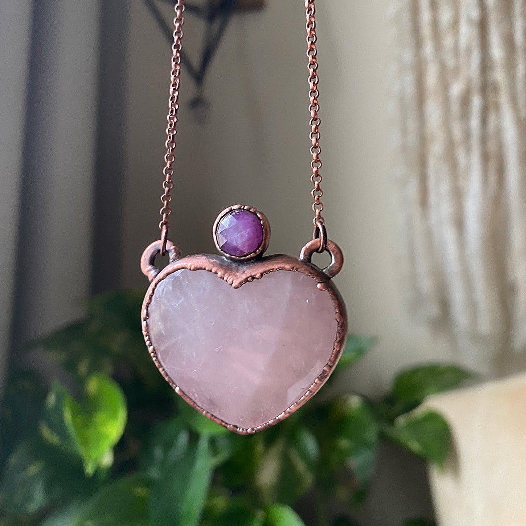 Rose Quartz Heart & Pink Sapphire Necklace