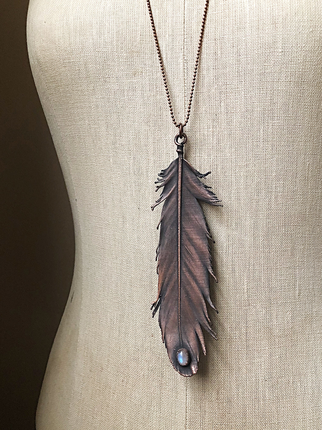 Electroformed Feather and Rainbow Moonstone Necklace - Made to Order