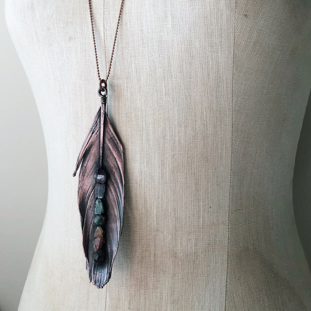 Electroformed Feather Necklace with Raw Chakra Stones #1 - Ready to Ship