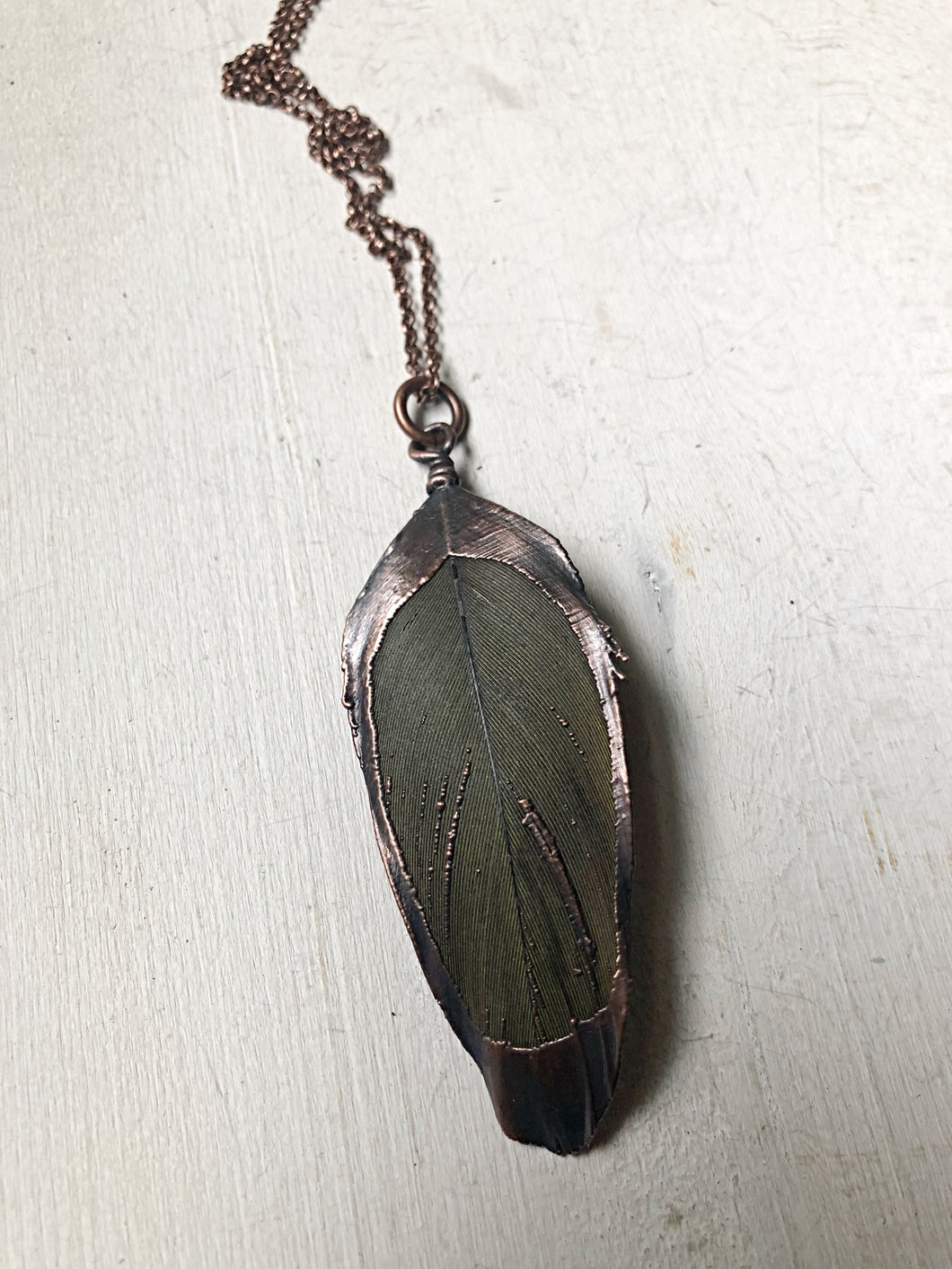Electroformed Green Macaw Feather Necklace #2 - Ready to Ship