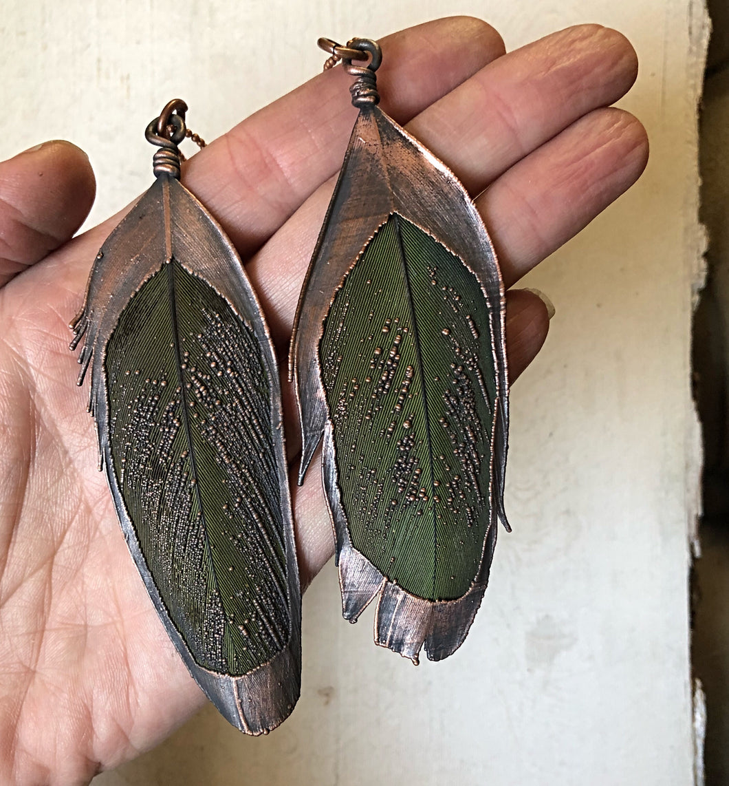 Electroformed Green Macaw Feather Necklace