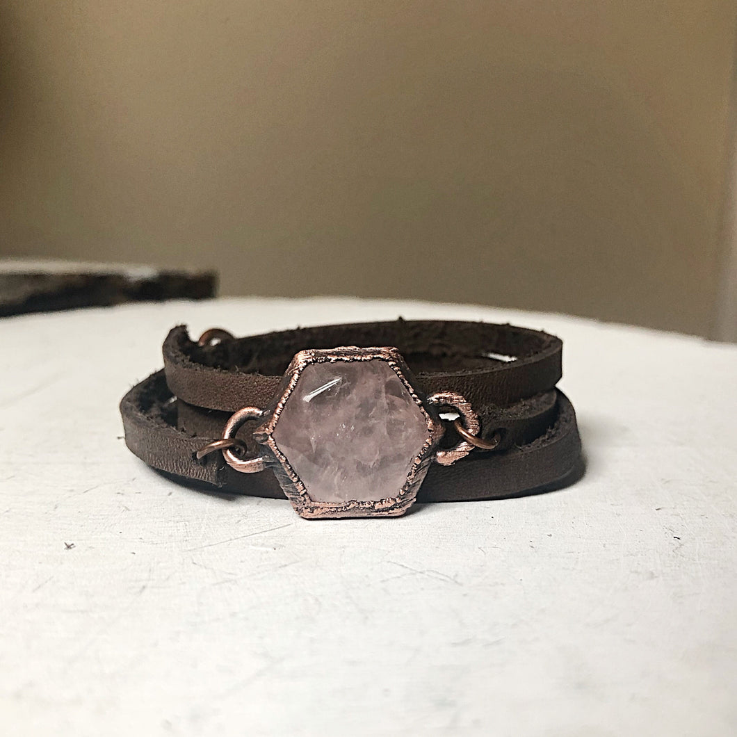 Rose Quartz Hexagon and Leather Wrap Bracelet/Choker - Ready to Ship